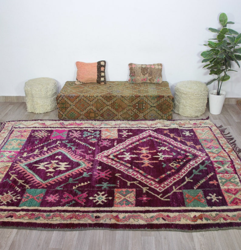 Vintage Moroccan rug, Authentic Boujaad Rug 7x10 ft-Bohemian Rug For Bedroom Aesthetic-Purple Morrocan Rug-Vintage Kilim-Handmade Berber Rug 画像 2