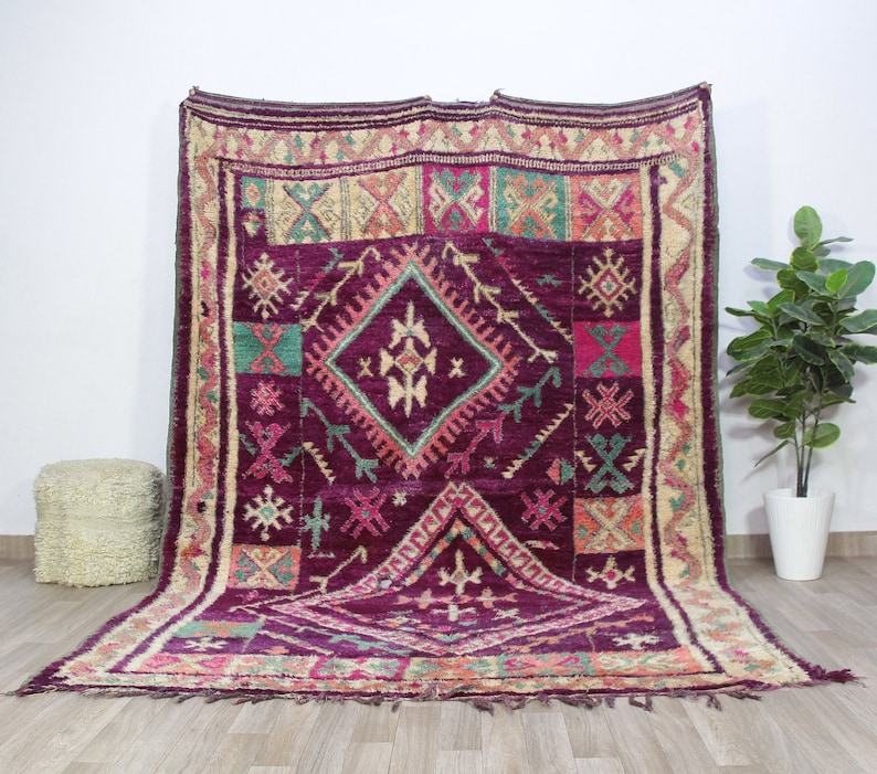 Vintage Moroccan rug, Authentic Boujaad Rug 7x10 ft-Bohemian Rug For Bedroom Aesthetic-Purple Morrocan Rug-Vintage Kilim-Handmade Berber Rug image 1