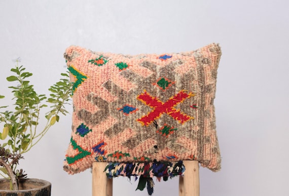 colorful moroccan pillow_handmade pillow_berber pillow cover_beige pillow_authentic moroccan pillow_pillow rug 18 x 14  inches_gifts for her