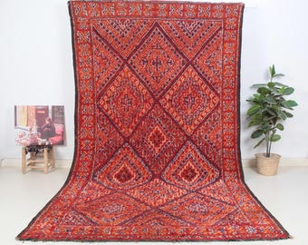 Vintage Moroccan Rug-Authentic Boujaad Rug 6x12 ft-Red Wool Area Rug with Diamond Patterns-Handmade Berber Carpet-Tribal Moroccan Decor