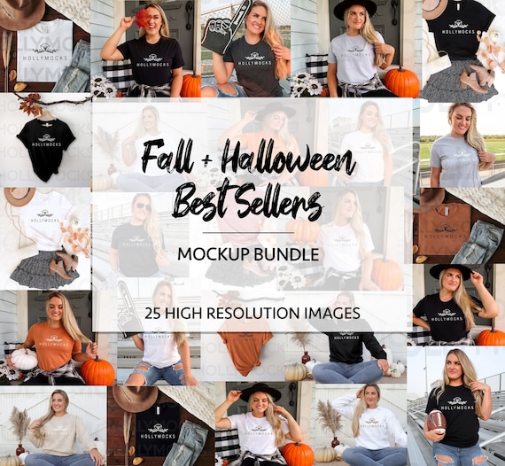 Fall Halloween Mockup Bundle: Bella Canvas 3001 & Gildan 18000 (25 Images)