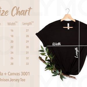 Bella Canvas 3001 Size Chart | Bella Canvas 3001 | T-shirt Size Chart | Bella Canvas Size Guide | Mockup Size Chart | Black Shirt Size Chart