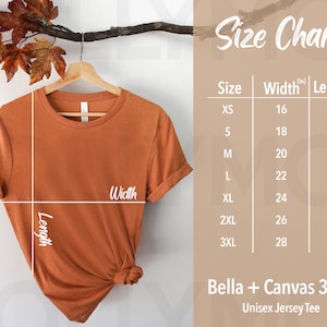 Bella Canvas 3001 Size Chart | Bella Canvas 3001 | T-shirt Size Chart | Fall TShirt Mockup | Fall Size Chart | Mockup Size Chart