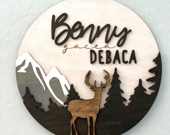 Personalized Animal Name Sign | Baby | Nursery | Baby shower | Gift | Wall Art | Playroom | Deer | Woodland | Trees | Mountains