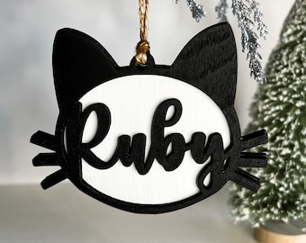 Personalized Wood Cat Christmas Ornament, Memorial, New Pet Gift Tag, Multiple Colors