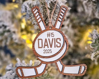 Personalized Hockey 3D Wood Ornament, Puck, Sticks, Hockey League, Sport, Team Players, Tag, Gift