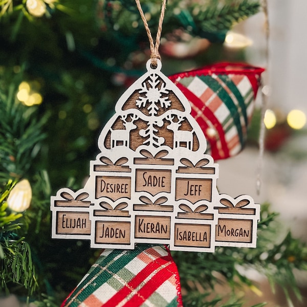 Personalized Family Tree Ornament | 1-9 Name Options | Christmas Decor | Gift | Parents Present | Snowflakes | Reindeer | Heirloom