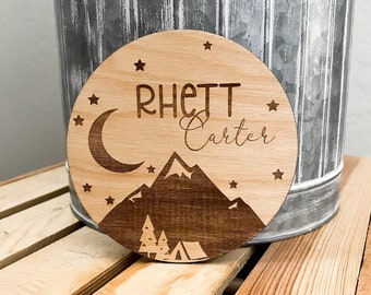 Personalized Name Sign | Mountains | Tent | Camping | Baby | Nursery | Baby shower | Gift | Moon and Stars | Playroom | Trees | Engraved