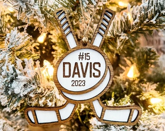 Personalized Hockey Ornament | Puck and Sticks | NHL | Junior Hockey League | Sport | Team Players | Christmas | Stocking Tag | Gift