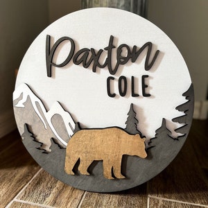 Personalized Name Sign | Bear| Baby | Nursery | Baby shower | Gift | Wall Art | Playroom | Woodland | Trees | Mountains | Deer