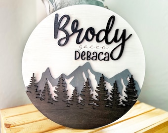 Mountains Forest Personalized Name Sign | Baby Room Nursery Decor | Baby Shower Gift | Layered Round Name Sign | Family |