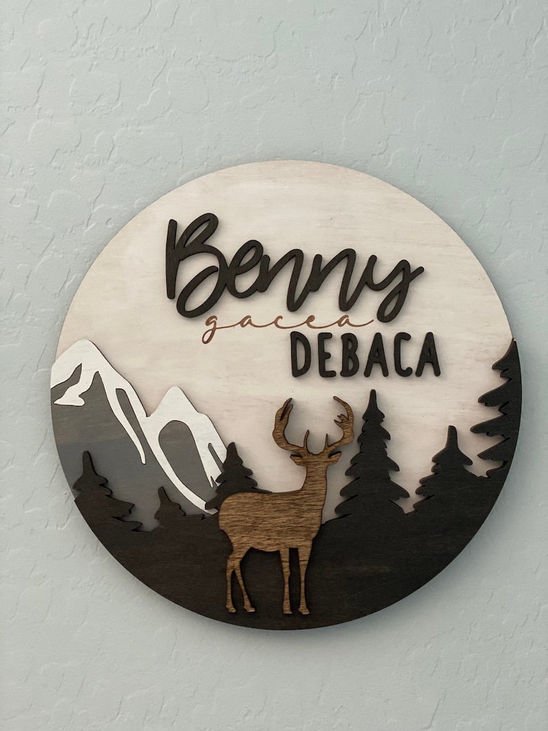 Personalized Animal Name Sign Baby Nursery Baby shower Gift Wall Art Playroom Deer Woodland Trees Mountains Deer- Whitewashed