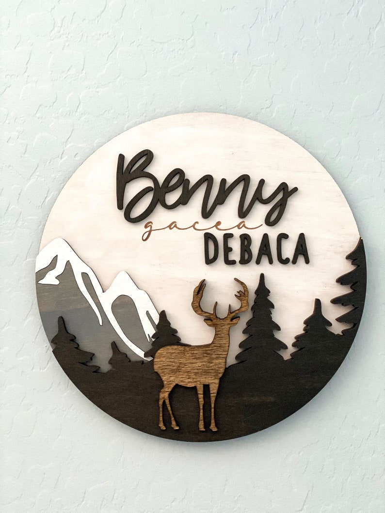 Personalized Animal Name Sign Baby Nursery Baby shower Gift Wall Art Playroom Deer Woodland Trees Mountains image 1