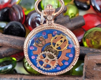 Blauer Uhrwerk Harz Anhänger, Steampunk Halskette, Resin Schmuck