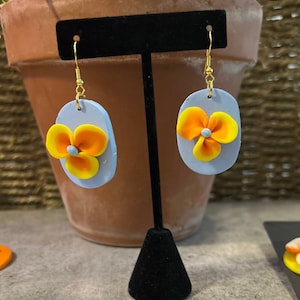 Baby blue and orange floral clay earrings| spring earrings