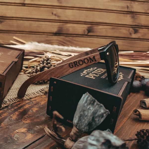 Gafas de sol de madera / Gafas de sol personalizadas con caja / Gafas de sol polarizadas / Idea de conjunto de regalo de padrinos de boda / Mejor regalo único para hombres / Gafas de sol para hombres