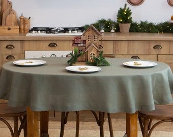 Oval natural linen tablecloth. Round, square, rectangular dinning. Pure table linens. Custom size. Wholesale tablecloth.