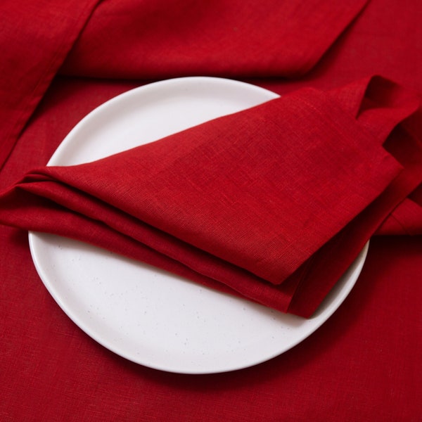 Red organic linen napkins. Natural red colors napkin. Wholesale reusable dinner cloth.