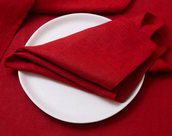 Red organic linen napkins. Natural red colors napkin. Wholesale reusable dinner cloth.