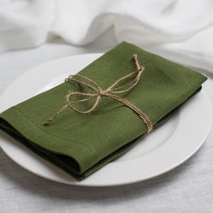 Forest green linen napkin folded and tied with rustic natural twine, beautifully styled on a white ceramic plate. Elegant organic linen table textile designed for sustainable dining, modern table decor, intimate dinners, wedding receptions, farmhouse interiors and seasonal entertaining. Soft washed linen with a rich natural texture, reusable eco friendly cloth napkin for everyday meals, cottagecore styling, luxury tablescapes, holiday gatherings and timeless handmade home decor.