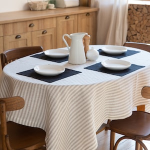 Striped linen tablecloth. Round, square, rectangular dining. Pure table linens. Custom size. Wholesale tablecloth.