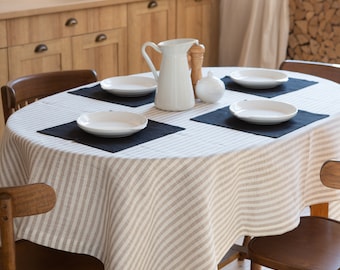Striped linen tablecloth. Round, square, rectangular dining. Pure table linens. Custom size. Wholesale tablecloth.
