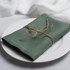 Basil green linen napkin folded and tied with rustic natural twine, beautifully styled on a white ceramic plate. Elegant organic linen table textile designed for sustainable dining, modern table decor, intimate dinners, wedding receptions, farmhouse interiors and seasonal entertaining. Soft washed linen with a rich natural texture, reusable eco friendly cloth napkin for everyday meals, cottagecore styling, luxury tablescapes, holiday gatherings and timeless handmade home decor.