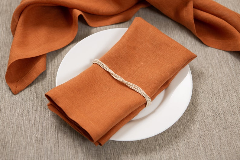 Terracotta linen napkin folded with natural twine and styled on a white ceramic plate. Warm earthy linen tone perfect for modern table settings, rustic dining, Mediterranean inspired decor, autumn entertaining, wedding receptions and cozy farmhouse interiors. Soft washed organic linen with natural texture, reusable eco friendly dinner napkin handmade for everyday dining, elegant hosting, cottagecore styling, seasonal tablescapes and timeless sustainable home decor.