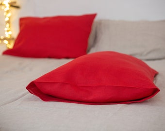 Organic red linen pillowcases with envelope closure. Custom size various colors. Gift pillowcase. Holiday pillow shams.