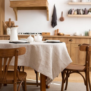 Organic natural linen tablecloth. Beige round, square, rectangular linen dinning. Pure table linens. Custom size. Wholesale tablecloth.