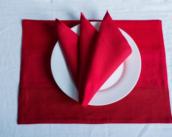 Jogos americanos de linho vermelho reciclado - Jogo americano natural de camada dupla - Cores variadas - Linho orgânico macio - Decoração de mesa lavável - Ideal para feriados