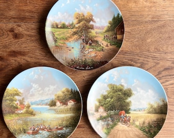 Pratos de porcelana alemã vintage Seltmann Weiden: Cenas de aldeia bávara de Rückel, edição limitada com certificado de autenticidade