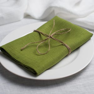 Light green linen napkin folded and tied with rustic natural twine, beautifully styled on a white ceramic plate. Elegant organic linen table textile designed for sustainable dining, modern table decor, intimate dinners, wedding receptions, farmhouse interiors and seasonal entertaining. Soft washed linen with a rich natural texture, reusable eco friendly cloth napkin for everyday meals, cottagecore styling, luxury tablescapes, holiday gatherings and timeless handmade home decor.