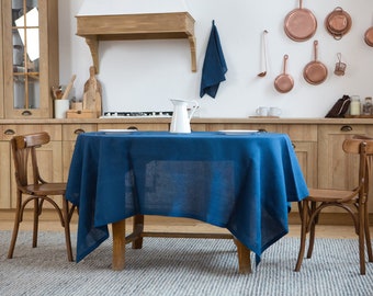 Blue organic linen tablecloth. Round, square, rectangular linen dinning. Pure table linens. Custom size. Wholesale tablecloth.