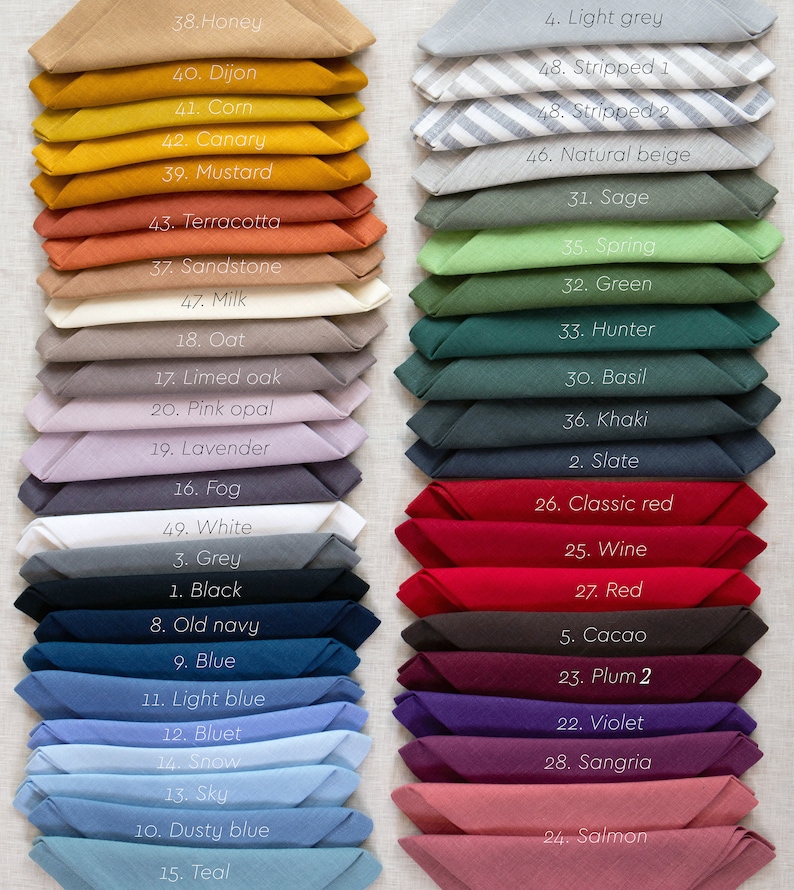 May include: A chart of 49 fabric swatches, each folded in half and labeled with a number and a color name. The swatches are arranged in two columns, with the left column showing lighter colors and the right column showing darker colors.