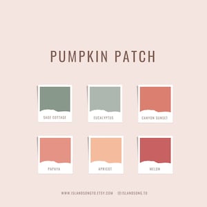 Puede incluir: Una paleta de colores con seis muestras de colores etiquetadas como "Sage Cottage", "Eucalyptus", "Canyon Sunset", "Papaya", "Apricot" y "Melon". La paleta de colores se titula "Pumpkin Patch".