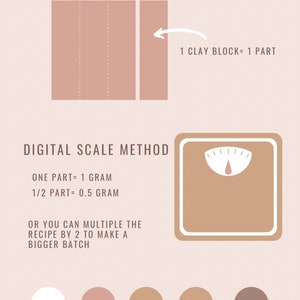 May include: Diagram showing two methods for measuring clay for pottery projects. The block method uses a visual guide to measure clay in parts. The digital scale method uses a scale to measure clay in grams. The diagram also shows a color mixing chart with white, pink, brown, and gray clay.