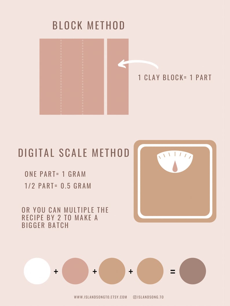 May include: Diagram showing two methods for measuring clay for pottery projects. The block method uses a visual guide to measure clay in parts. The digital scale method uses a scale to measure clay in grams. The diagram also shows a color mixing chart with white, pink, brown, and gray clay.