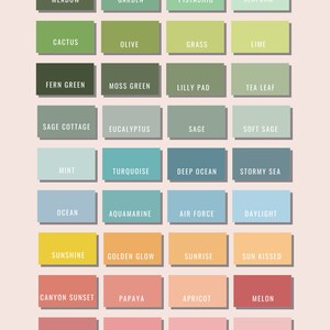 May include: A color palette chart with 24 color swatches, each labeled with a name. The colors range from green to blue to yellow to orange to red and pink. The chart is on a light pink background.
