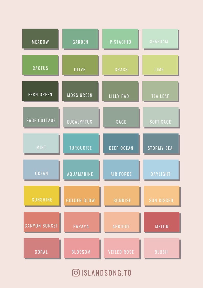 May include: A color palette chart with 24 color swatches, each labeled with a name. The colors range from green to blue to yellow to orange to red and pink. The chart is on a light pink background.