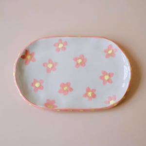 手作り陶器リング皿：花柄小物トレイ（4.5x3インチ）