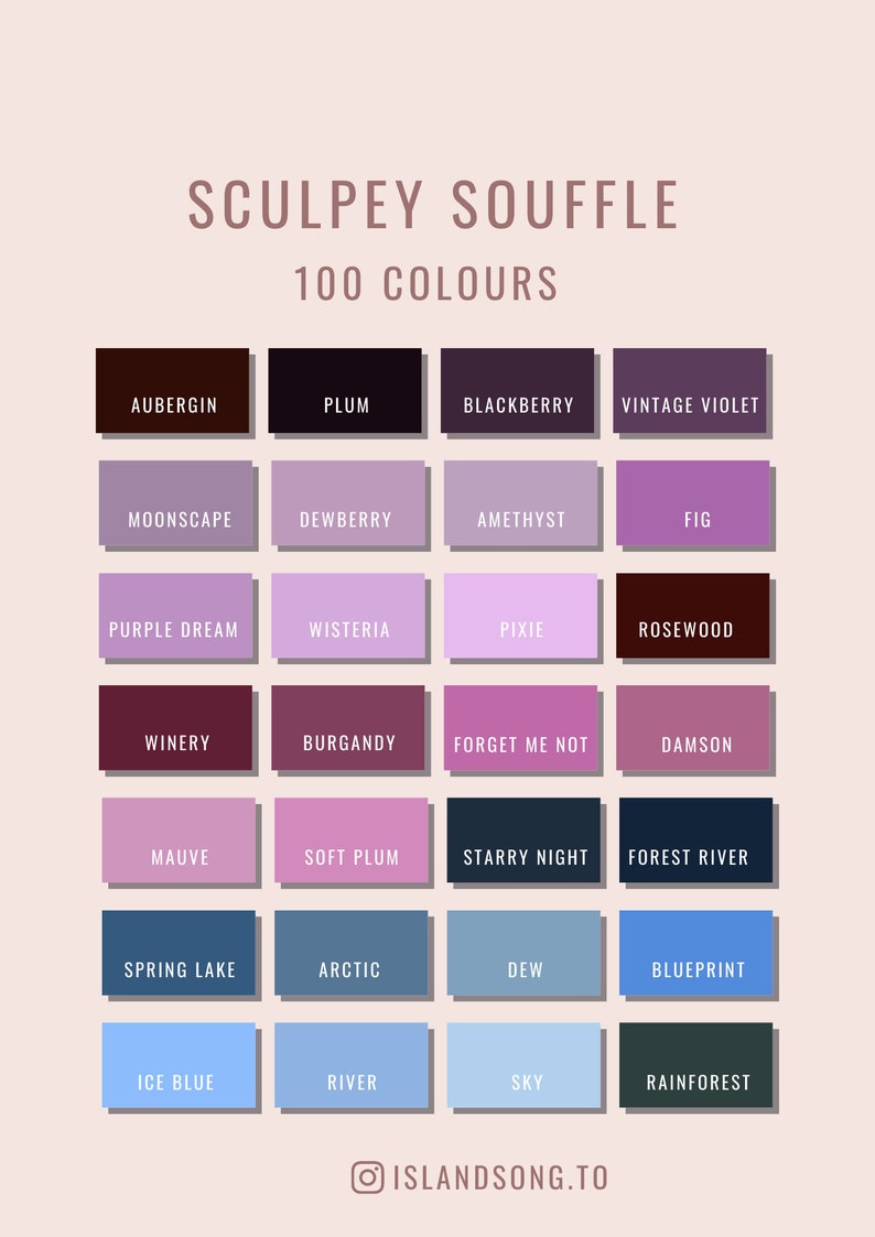 May include: A color chart of 100 Sculpey Souffle colors. The colors are arranged in rows of four, with each color labeled with its name. The colors range from deep purple to light blue.