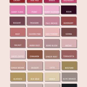 May include: A color palette chart with 24 color swatches, each labeled with a name. The colors range from deep red to light beige and black. The names include Cherry, True Red, Barbie, Raspberry, Candy Floss, Peony, Cherry Blossom, Rasi, Russert, Treasure, Pale Orchid, Mahogany, Rust, Cavern Pink, Skin Powder, Sienna, Walnut, Warm Rust, Boho Blush, Mocha, Swiss Coffee, Congo Brown, Cinnamon, Ginger Root, Terracotta, Dessert, Latte, Mustard, Olivenite, Old Gold, Honey, Olive Branch, Cafe, Linen, Clay, and Shadow.