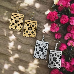 Papel Picado Earrings Gold and Silver, Aretes artesanales