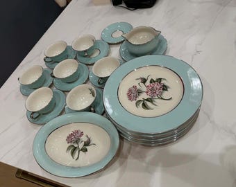 Vintage Nancy Prentiss Fine China Tea Set: Aqua Floral, Mid-Century 1950s-1970s Made in Japan