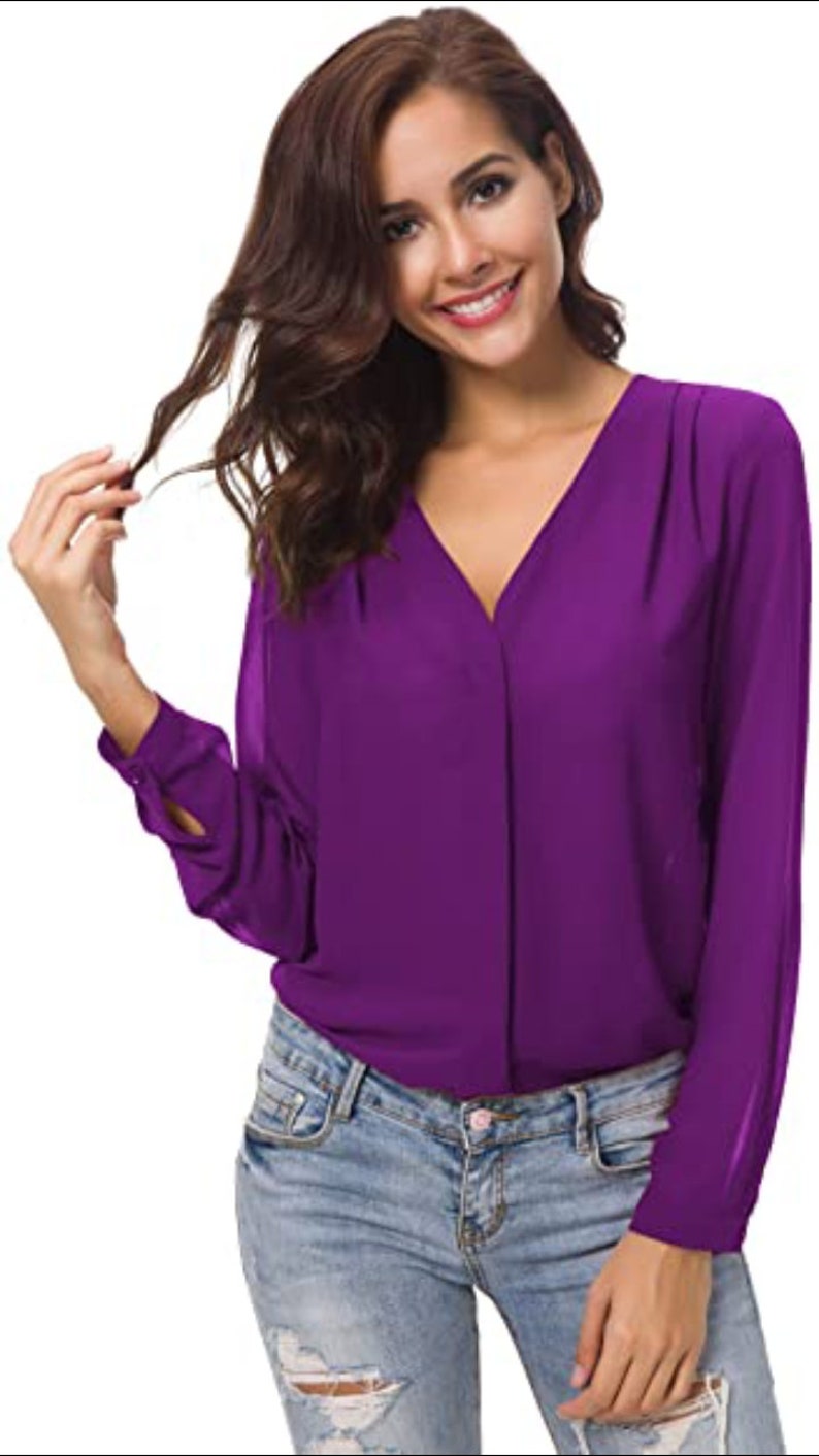 Femmes Chemisier Col V Hauts Tops Mousseline Manches Longues Chemise Grape