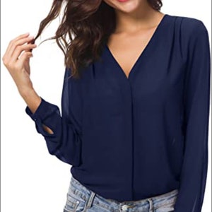 Femmes Chemisier Col V Hauts Tops Mousseline Manches Longues Chemise Bleu Marine