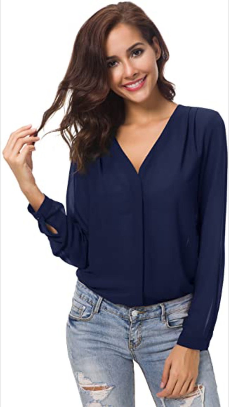 Femmes Chemisier Col V Hauts Tops Mousseline Manches Longues Chemise Bleu Marine