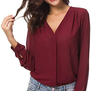 Femmes Chemisier Col V Hauts Tops Mousseline Manches Longues Chemise Rouge