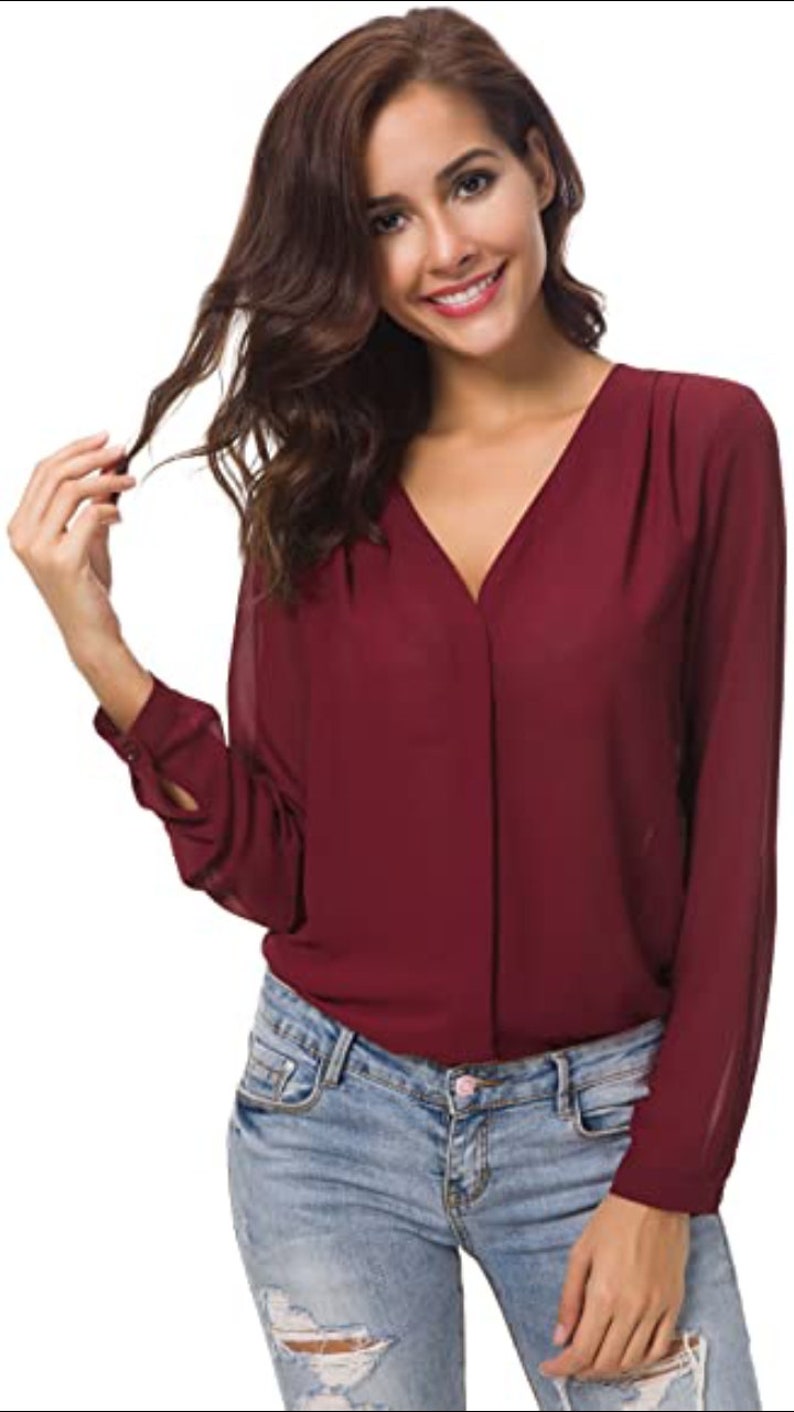 Femmes Chemisier Col V Hauts Tops Mousseline Manches Longues Chemise Rouge